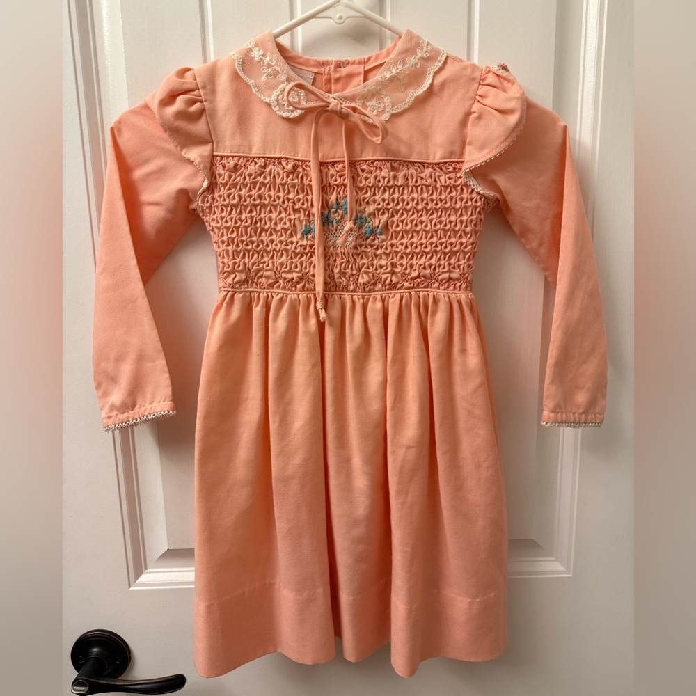 Vintage Coral Smocked Kids Dress